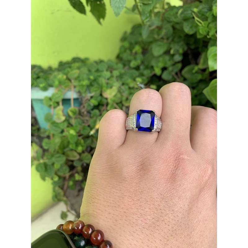 Cincin Pria Perak Blue Saphire Elegan Mewah Berkelas Safir Biru