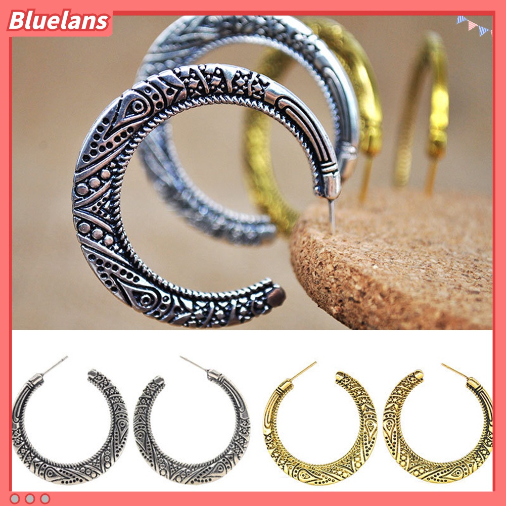 Anting Hoop Bentuk Lingkaran Besar Motif Ukir Gaya Vintage Tibet Untuk Wanita