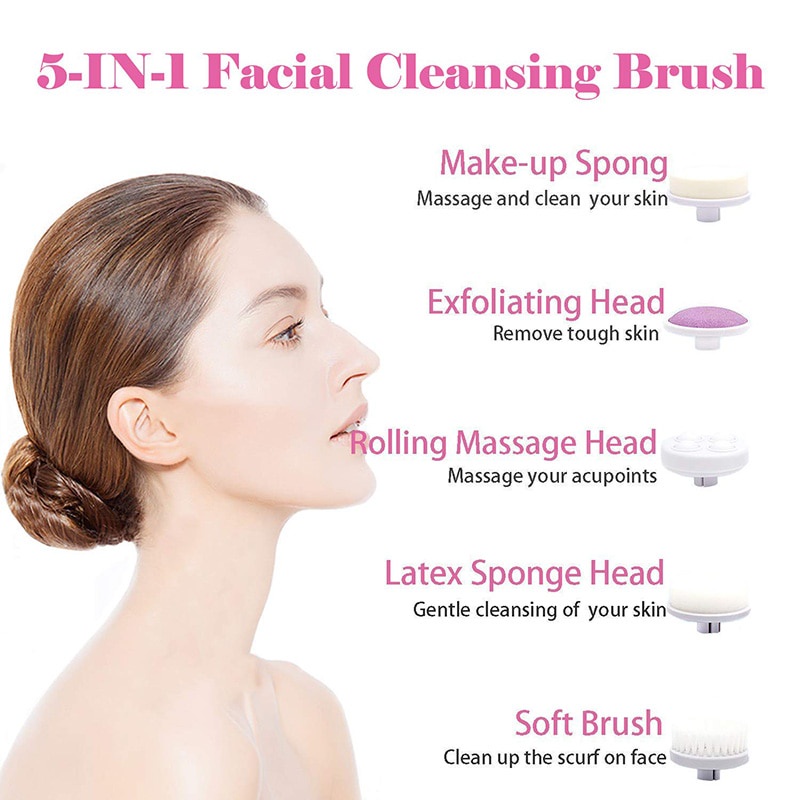 Biutte.co Pembersih Muka Elektrik Alat Facial pembersih muka Sikat Muka 5 in 1 Facial Cleansing Brush Spin Brush For Face Electric Face Pore Cleaner Washer Facial Skin Care Massager Skin Beauty Multifunctional 5 in 1 Electric Facial Cleansing Instrument