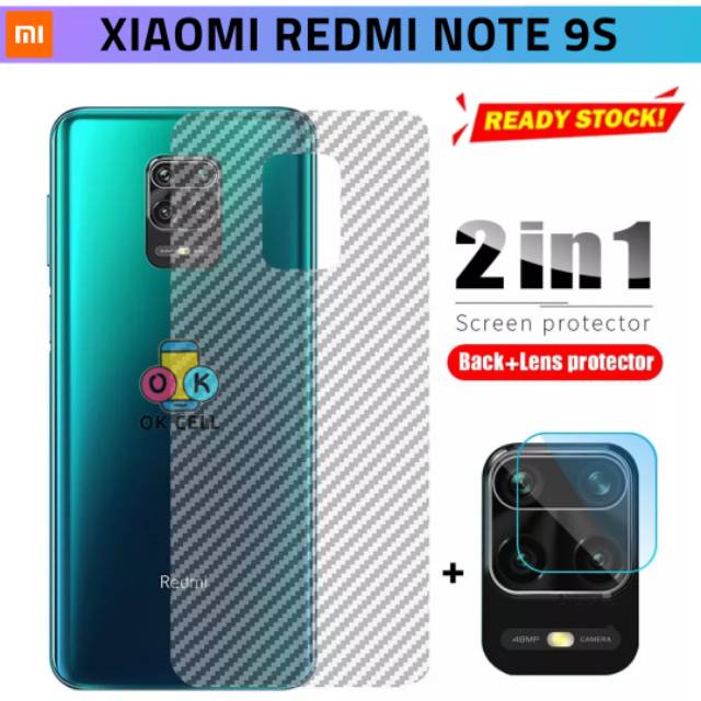 2IN1 Garskin Karbon Xioami Redmi Note 9s Skin Carbon 3D Pelindung Anti Gores Kamera Belakang Premium