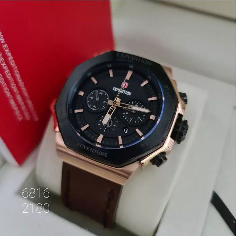 Jam Tangan Expedition E 6816 Pria / E6816 M Black Rosegold Kulit Original