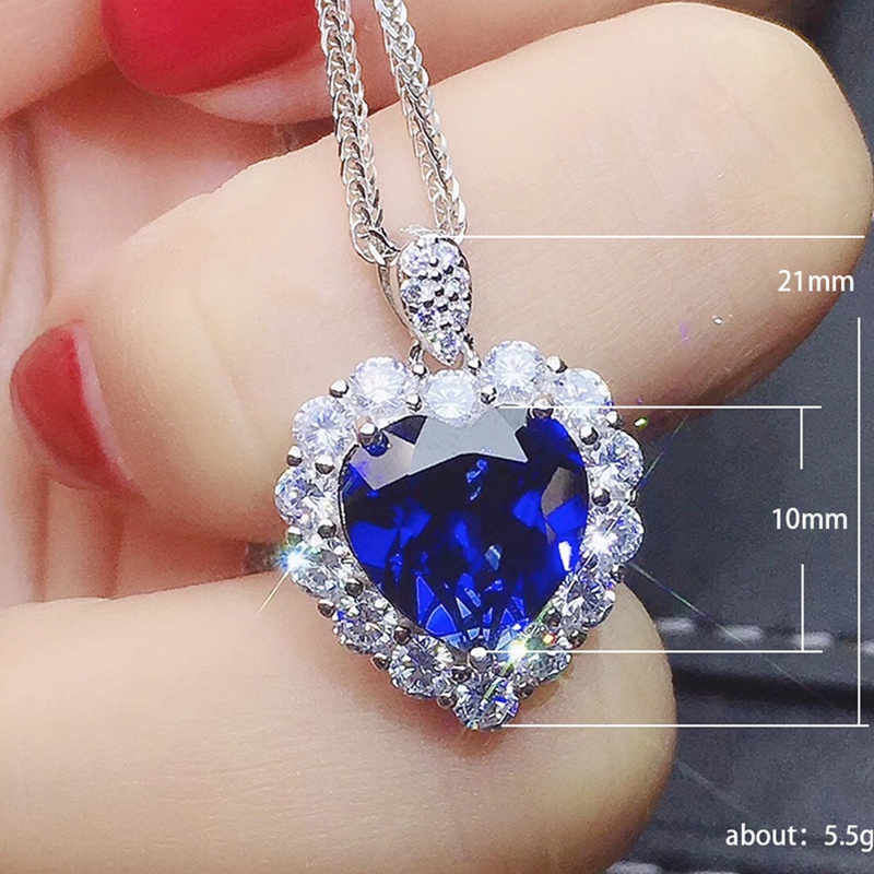 （Alloy）Kalung Inlaid Sapphire Bentuk Hati Untuk Wanita