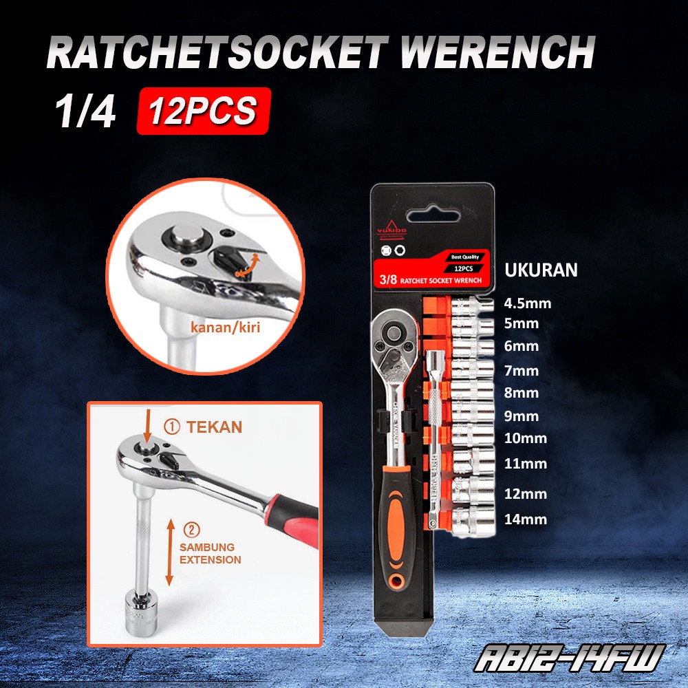 Kunci Socket Kunci Pas Socket Wrench 1/4“ Ratchet Hadle 12 PCS Praktis 4-13mm