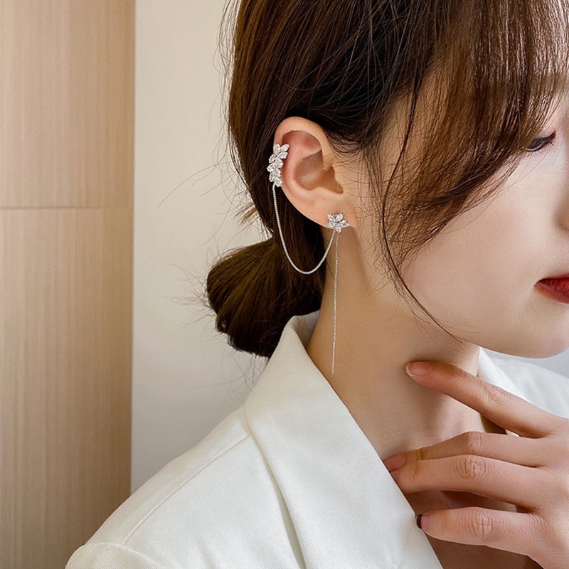 Anting Tusuk Gantung Panjang Desain Bunga Hias Zirconkristal Untuk Wanita