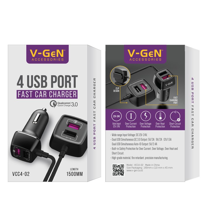 Car Charger V-GeN VCC4-02 Fast Charging QC3.0 4 USB Port VGEN