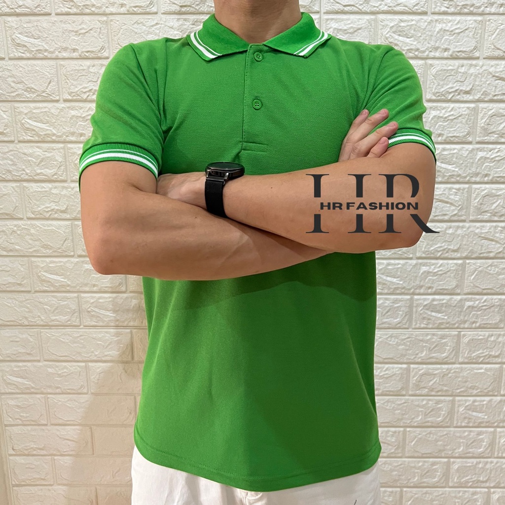 HRFASHION Kaos Polo Bahan PIQUE - Polo Shirt HIJAU List Putih