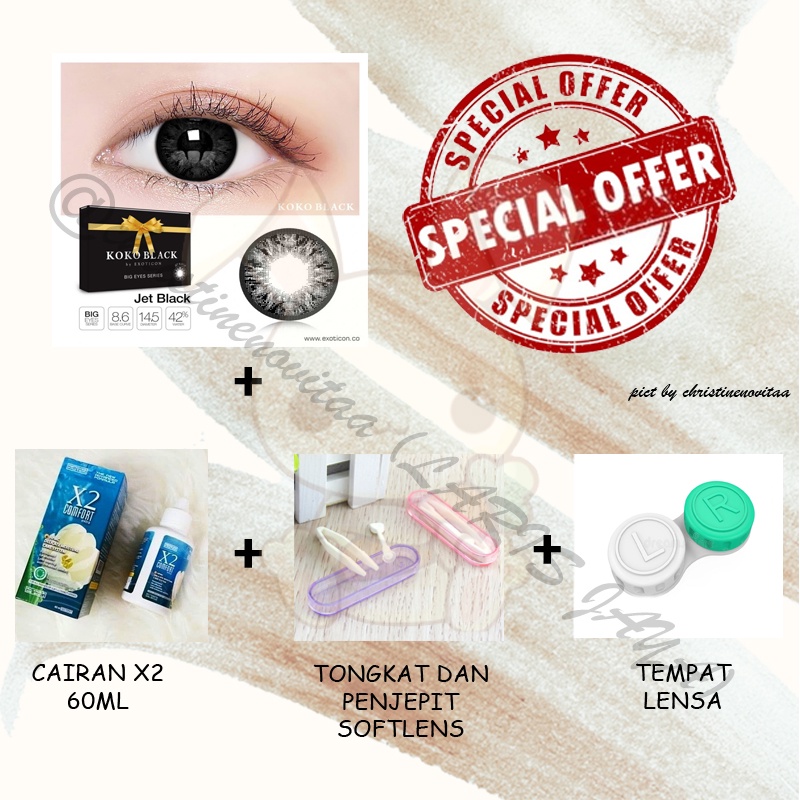 Paket Softlens  X2 by EXOTICON KOKO BLACK BIG EYES (Normal) 14,5 mm + Cairan X2 60 ml + Penjepit / Pinset