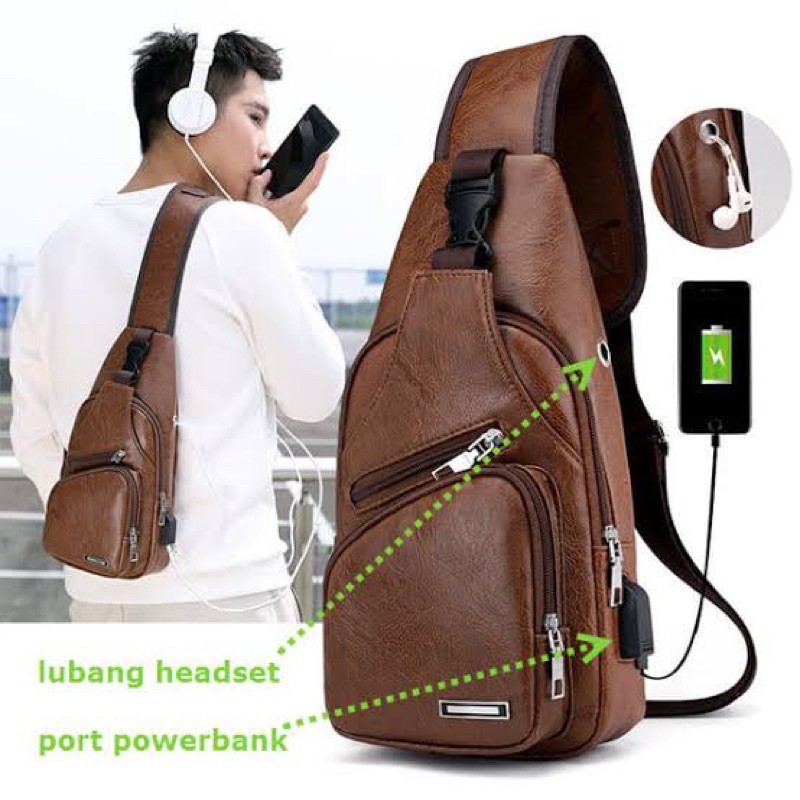 TAS PRIA Slempang USB Cowok Sling Bag WAIST BAG Kulit Premium PU USB Port