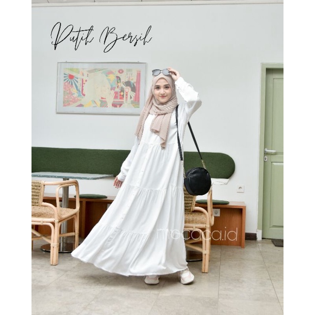 Dress Polos Putih bersih katun rayon twill model rufle babydoll susun ootd hijab busui kancing