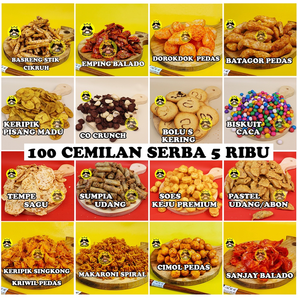 

ANEKA CEMILAN SERBA 5 ribu | basreng pedas keripik kaca keripik singkong cireng pedas seblak kering seblak cikur soes keju mie lidi astor coklat blueberry cemilan serba 5000 aneka snack