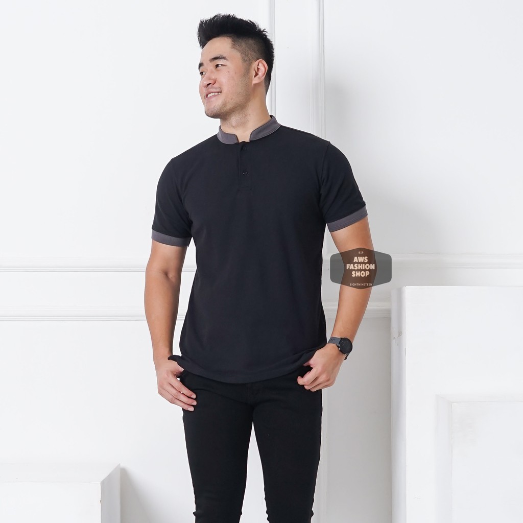 Kaos Polo Pria Polo Shirt Kerah Shanghai  Lengan Pendek Polos Hitam Black BIG SIZE JUMBO XXL / 3XL