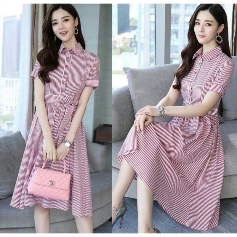 [FashionIn] DRESS MD LINE / dress wanita salur garis remaja terbaru gereja natal imlek lengan pendek