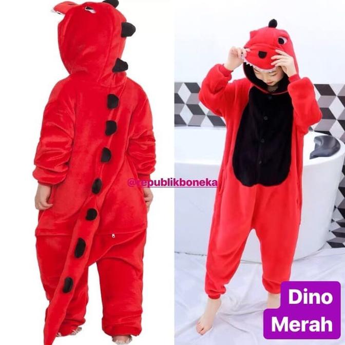 BAJU ONESIE ANAK BONEKA DINO DINOSAURUS MERAH PIYAMA KOSTUM