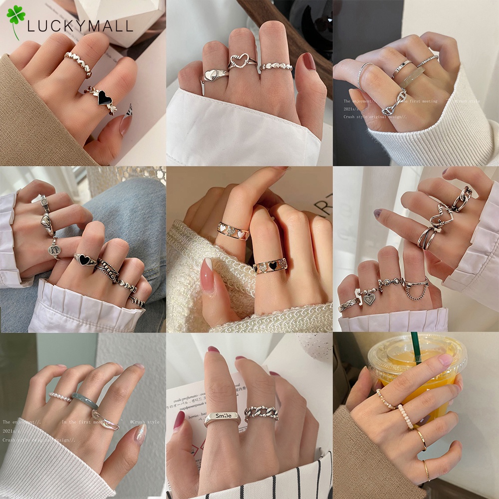 Fashion Hollow Keluar Hati Wanita Cincin Perak Resin Mutiara Cincin Set Perhiasan Aksesoris