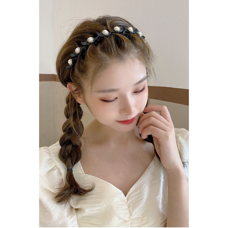 LDS B18 Bando Jepit Rambut 2 in 1 Fashion Korea Pola Mutiara Wanita Dewasa