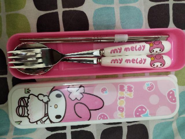 Alat Makan Sendok Garpu Sumpit Set Korea Stainlees Karakter Disney Stich Snoopy My Melody