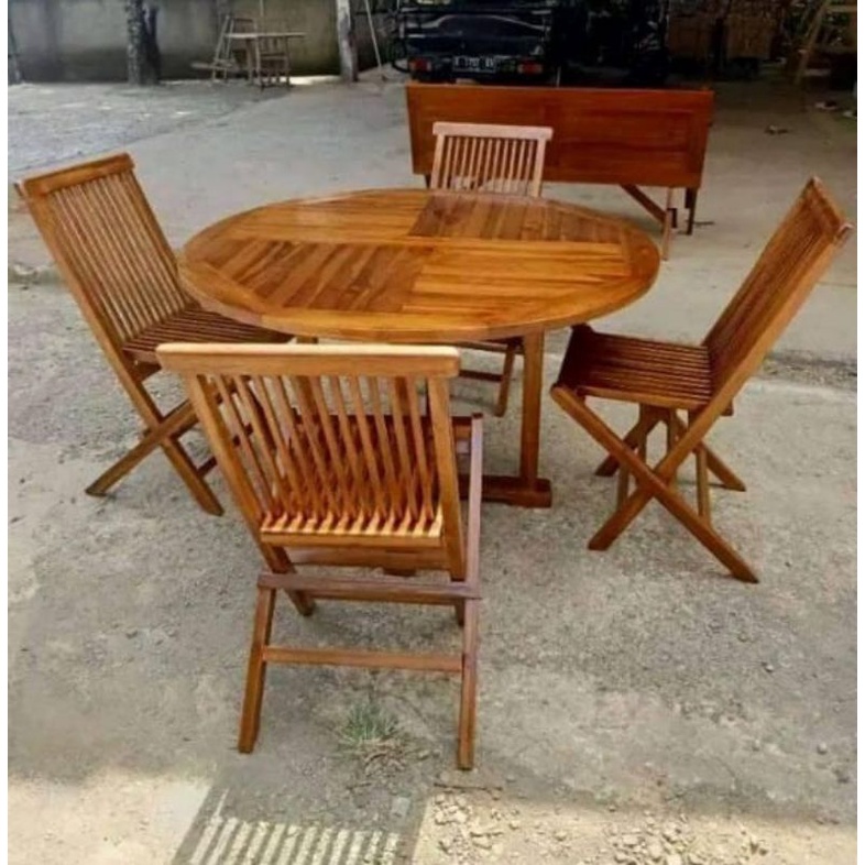 MEJA MAKAN BULAT KURSI LIPAT FURNITURE JATI | KURSI LIPAT KAYU JATI | SET MEJA MAKAN BULAT KURSI LIP
