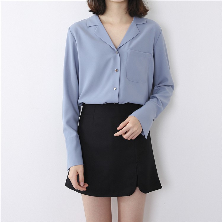 Wanita Lengan Panjang V  Neck Sifon Elegan Kasual Longgar 