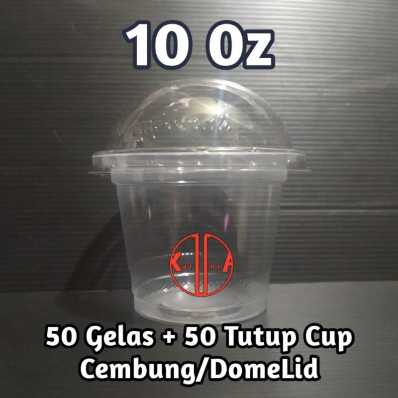 (50pcs) Gelas Cup Plastik 10 Oz + (50pcs) Tutup Cembung/Domelid