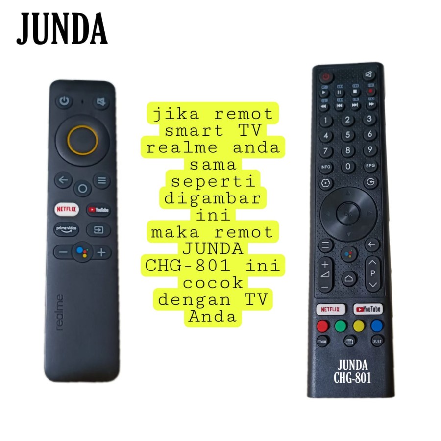 REMOTE REMOT UNIVERSAL LED JUNDA 801 COCOK DI CHANGHONG REALME SMART TV ANDROID ORI JUNDA