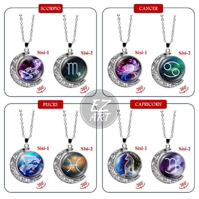 KALUNG LIONTIN ZODIAK ZODIAC KONSTELASI HOROSCOPE BAHAN KACA BISA DI PUTAR 2 SISI + TALI RANTAI