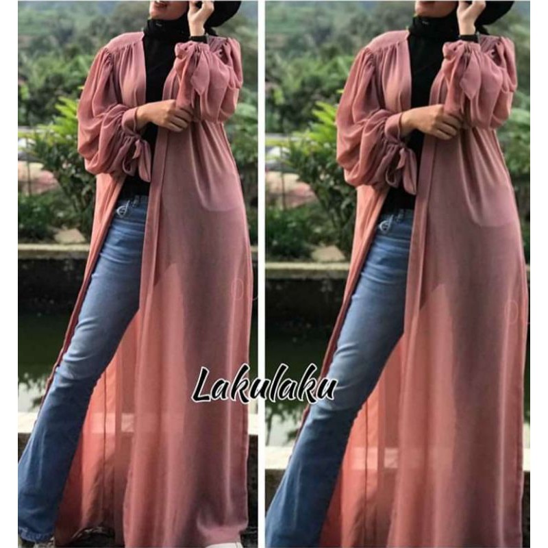 Mahira Long Outher Lengan Balon/ Cardigan Outher Wanita Matt Ceruty Babydoll/ Long Outher Kekinian Best Seller