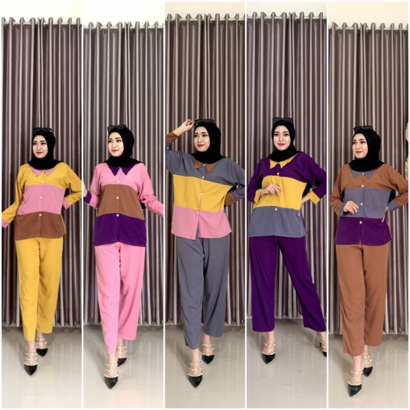One Set Wanita  Rainbow Rayon Premium Setelan Wanita Lengan Panjang Set Celana Panjang Kekinian LD 110 cm
