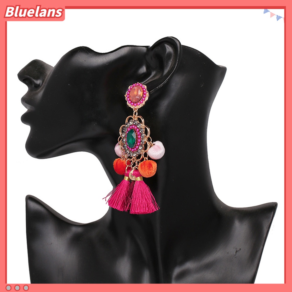 Anting Stud Tassel Pompom Bunga Berlian Imitasi Untuk Wanita