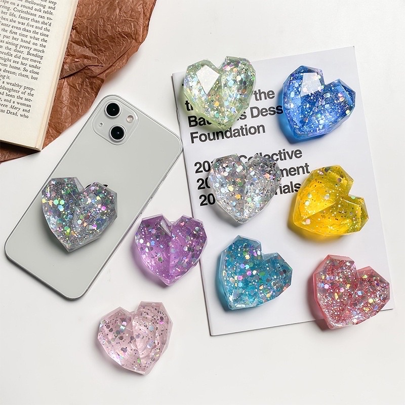 Pink Hologram Crystal Heart Popsocket Phone Holder Pegangan HP