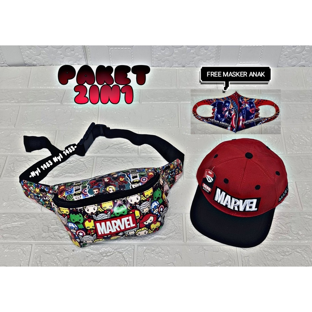 Paket anak 2 in 1 Waistbag anak laki laki dan topi anak karakter kartun untuk usia 2-9 thn