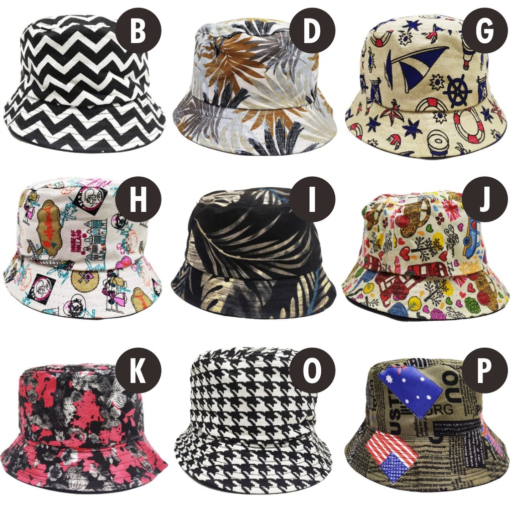 topi bucket hat motif floral bunga kotak catur leopard 