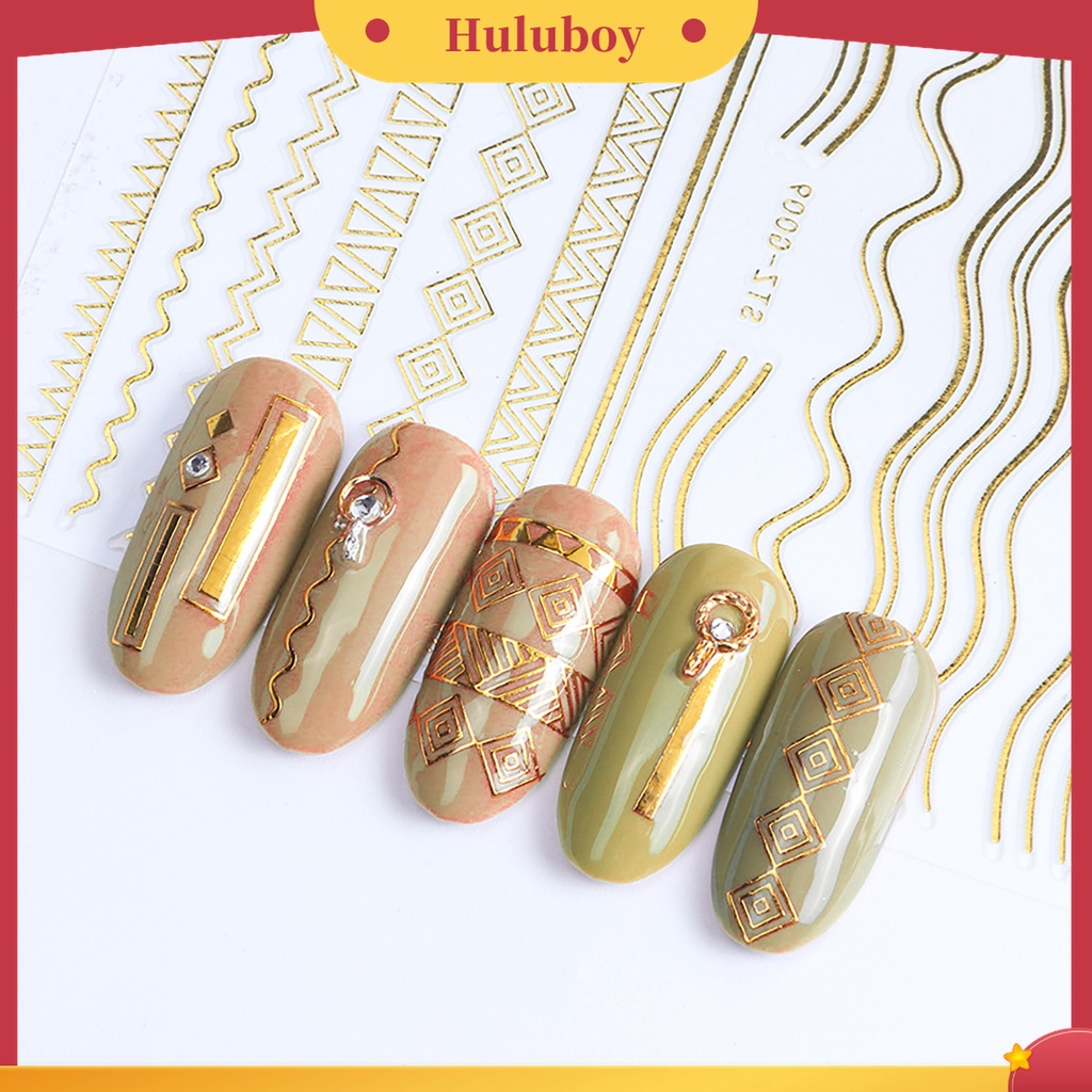 Huluboy Huluboy♡ Stiker Nail Art Bentuk Geometri Warna Emas Bahan PET Tahan Lama Untuk Salon