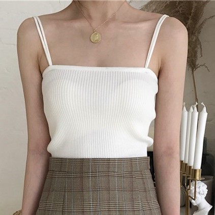 Feminin TankTop Rajut Korea Wanita Tank Top Rajut Daleman Wanita-Putih
