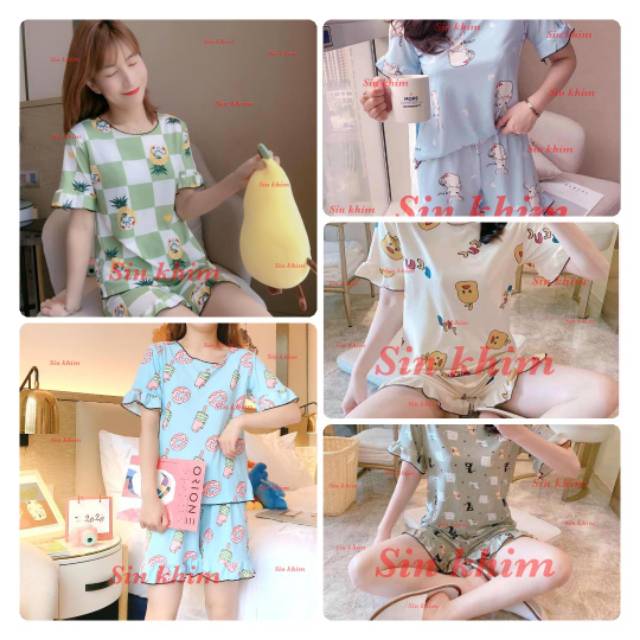 Baju tidur Wanita Import Bahan Kaos Spandex Tebal Aneka Motif All Size L Short Pants-3