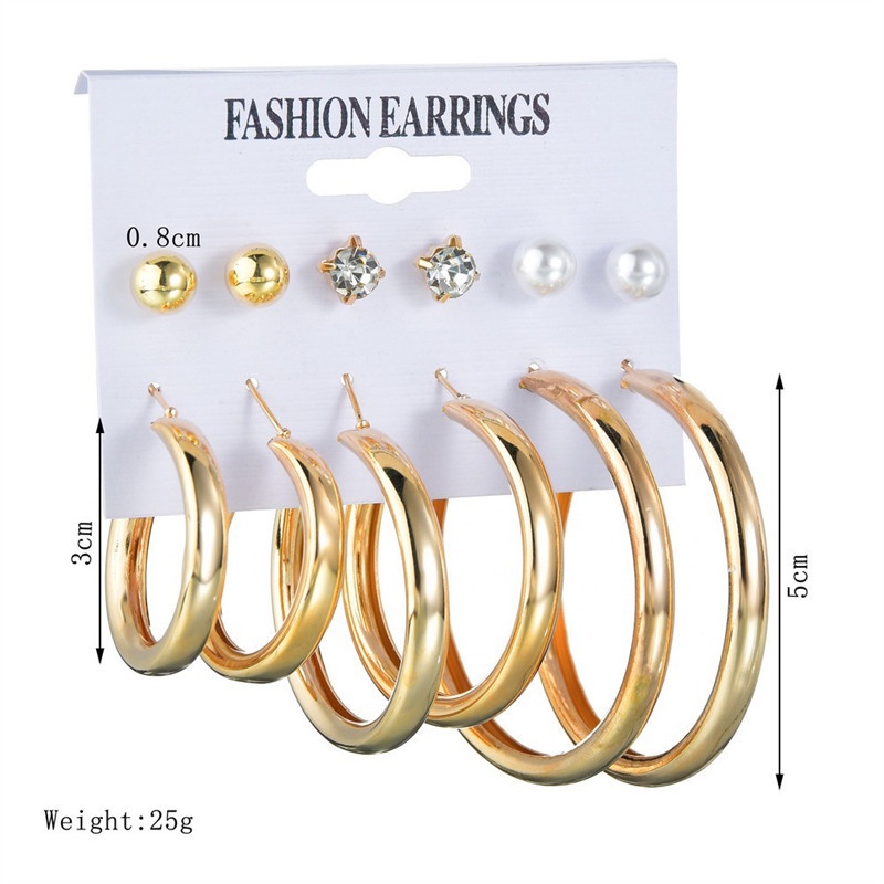 6 Pasang / Set Anting Bentuk Lingkaran Aksen Mutiara Bahan Logam Untuk Aksesoris Wanita