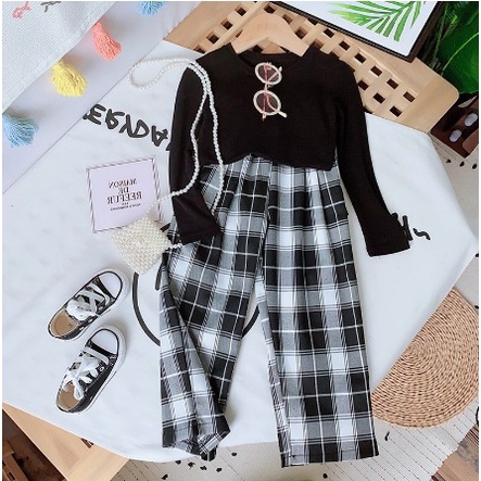 Girlset CROP CELANA KOTAK KOTAK SETELAN STELAN ANAK PEREMPUAN IMPORT 100-140