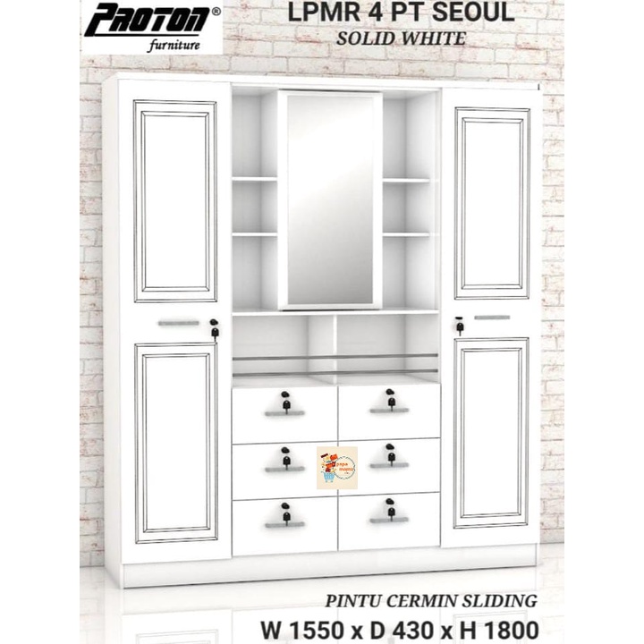 Lemari Pakaian Jumbo 4 Pintu Kaca Rias Sliding - Lemari Baju 6 Laci Kunci Seol - Medan