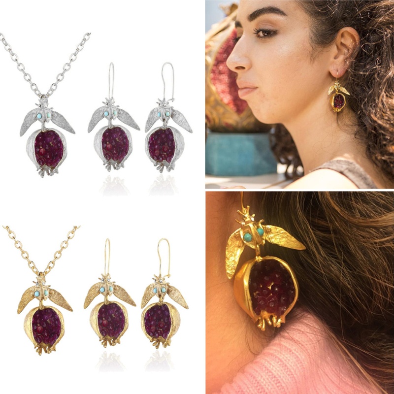 SIY  Vintage Fruit Red Pomegranate Jewelry Set Gemstone Pomegranate Pendant Earrings