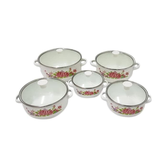 Panci Set Enamel Reoona 5 pcs Motif Bunga