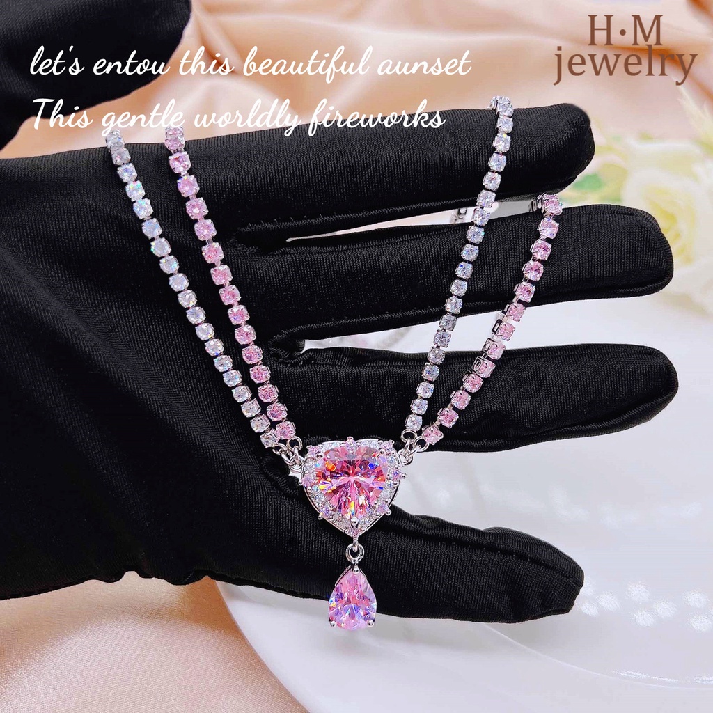 Kalung Rantai Liontin Hati Asimetris Hias Zircon AAA Warna Pink Muda