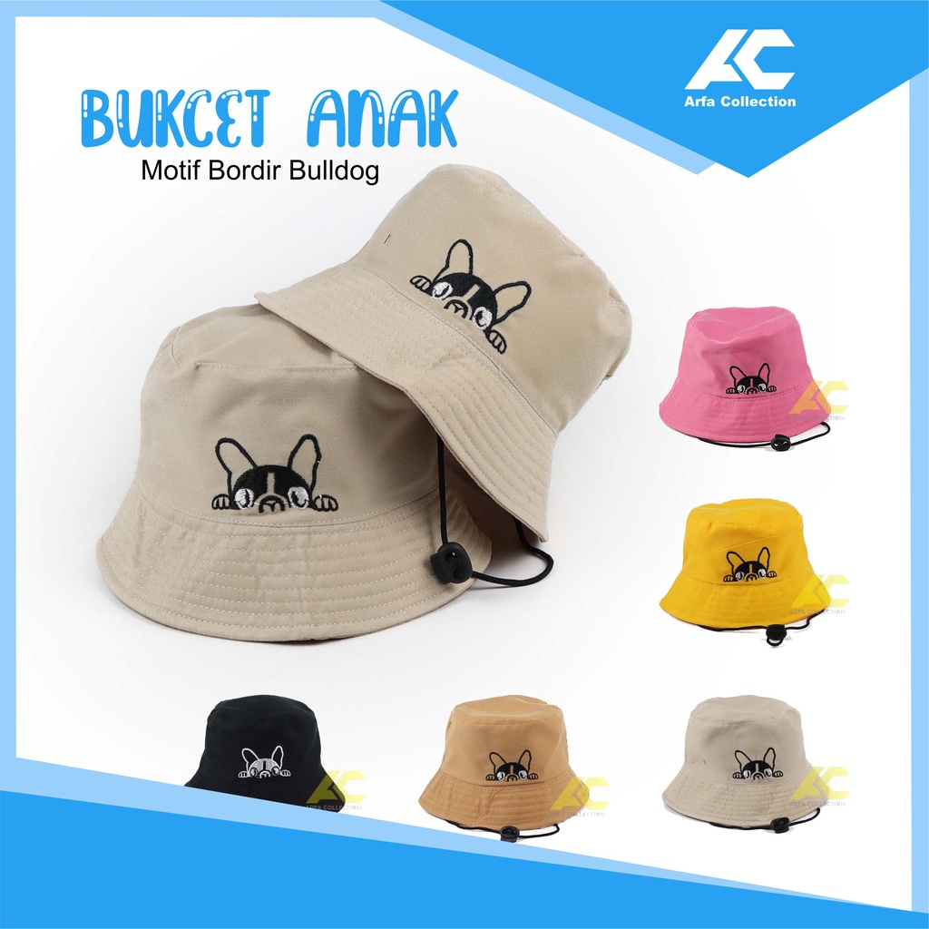 Topi Bucket Anak Tali Bordir Bulldog Anak Laki Laki Perempuan / Bucket Anak Ada Tali Bordir Bulldog