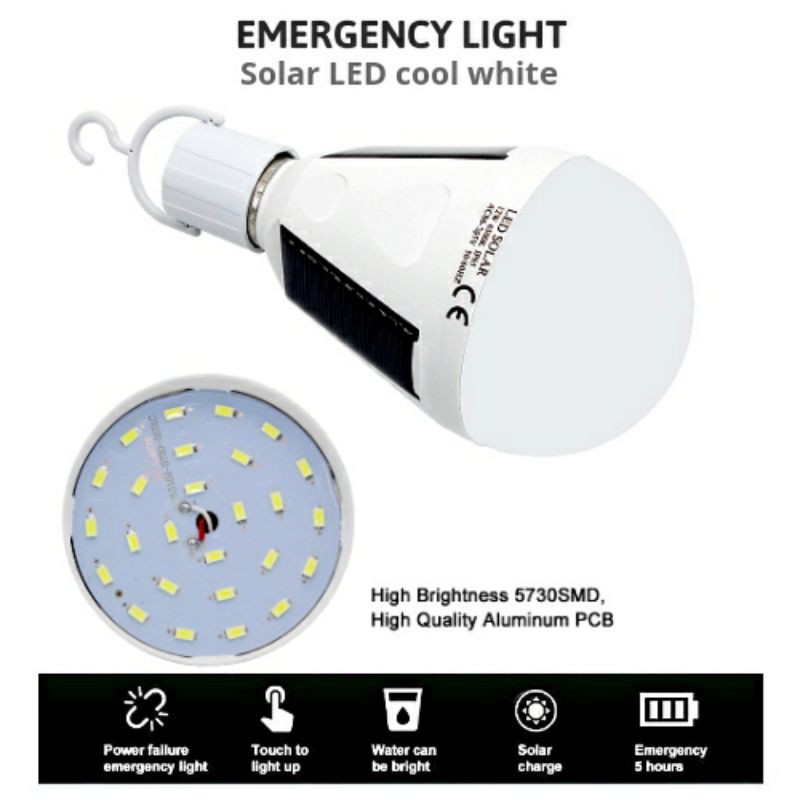 Lampu Emergency Bohlam Solar Power LED E27 Bulb Cool White 7W 12W Waterproof