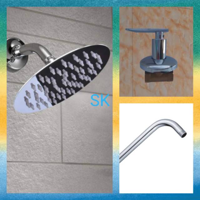 Paket Set Wall Shower Bulat Stainles 8 inch + Kran Shower Kuningan Kamar Mandi  - Stop Kran Tanam