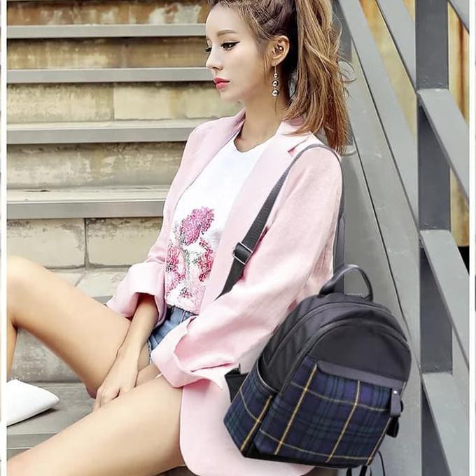 Tas Wanita Ransel Import Desain Mochila Kotak Kotak Biru W27 Cuci Gudang