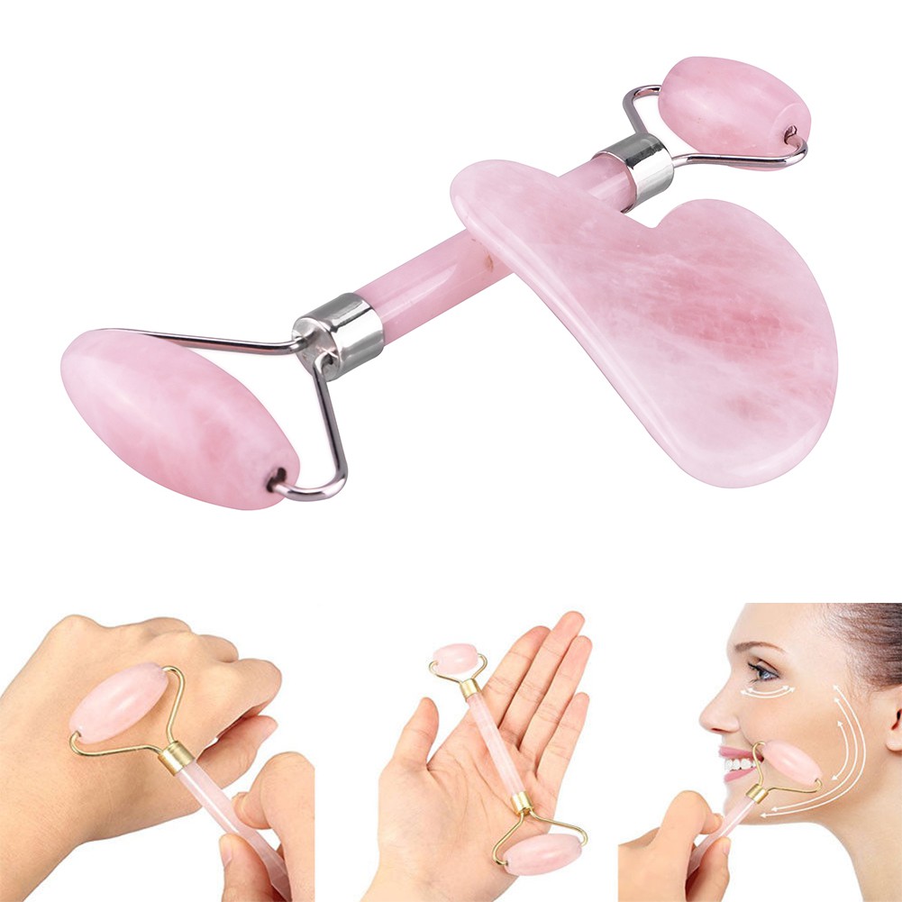 Double Head Natural Pink Crystal Jade Massage Roller V Shaped Facial Guasha Face Beauty Tool Set