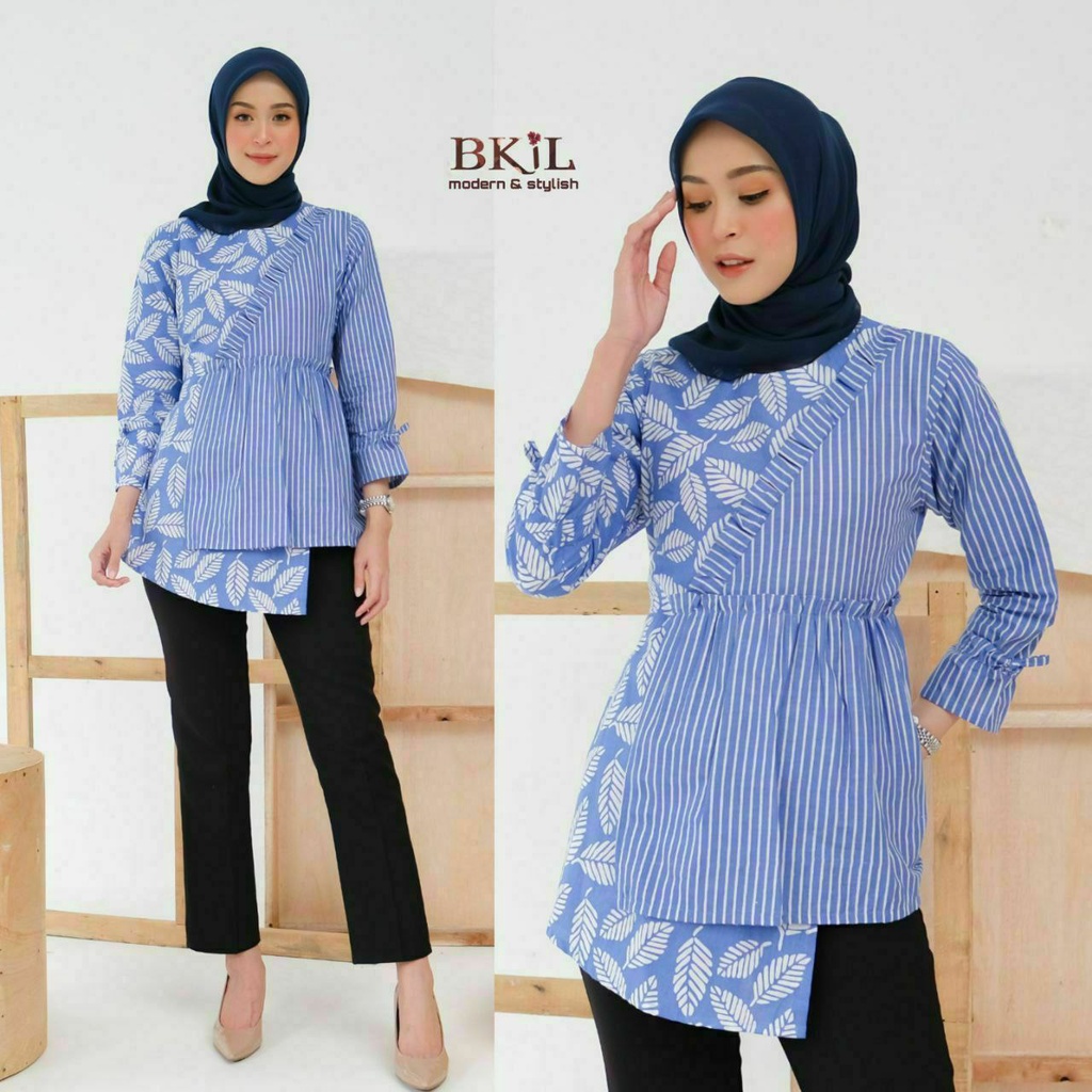 tey-17 Batik wanita ASJ SA HRB026 Kenongo Kemeja Tosca Pendek-Garis Biru