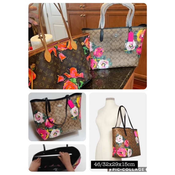 TasMewahWanitaCoachSignKhakiFloralTote