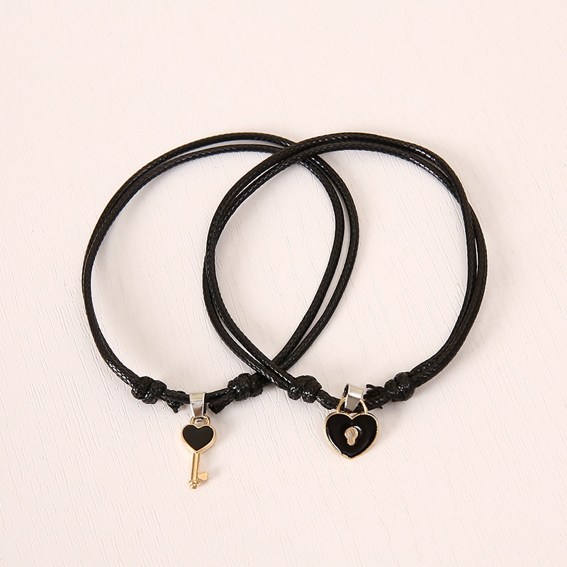 Satu pasang Gelang Gembok Kunci Korea Couple Gelang (2 pcs)-Black