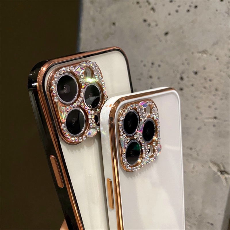 Casing Silikon iPhone 13 12 11 Pro X XS Max Mini XR SE2 7 8 Plus Aksen Glitter Berlian Mewah