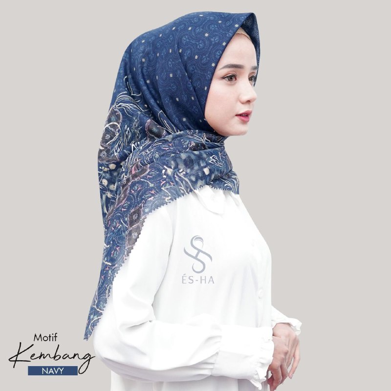 Hijab kerudung segi empat jilbab motif KEMBANG NAVY voal premium lasercut